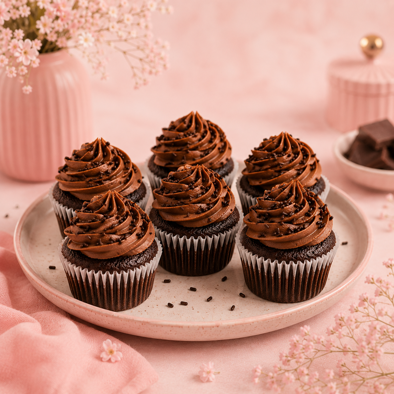 Six chocolate cupcakes with chocolate frosting and sprinkles arranged on a pink ceramic plate against a pastel pink bakery background.