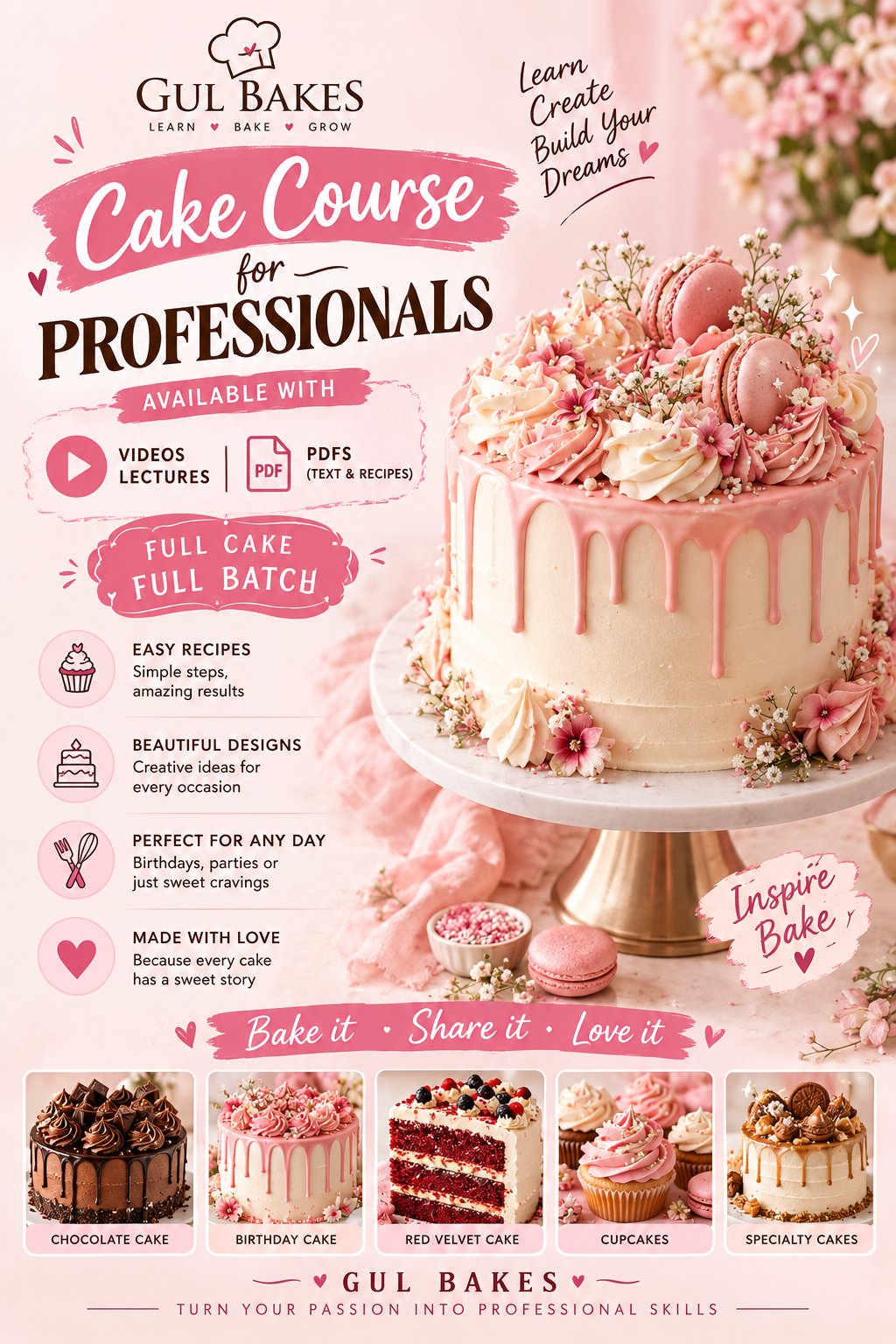 GUL BAKES professional cake course promotional banner featuring a blush pink and cream decorated celebration cake, with video lectures and PDF recipes, full cake full batch, and professional cake baking course information.