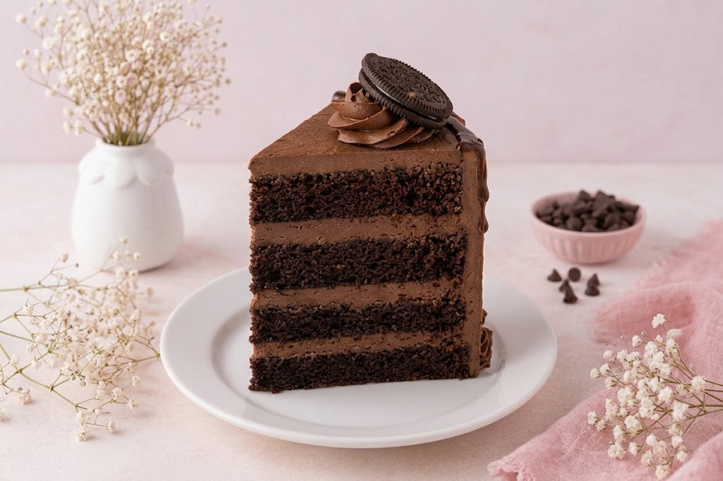 Slice of Oreo chocolate cake with layered chocolate sponge and chocolate frosting on a white plate