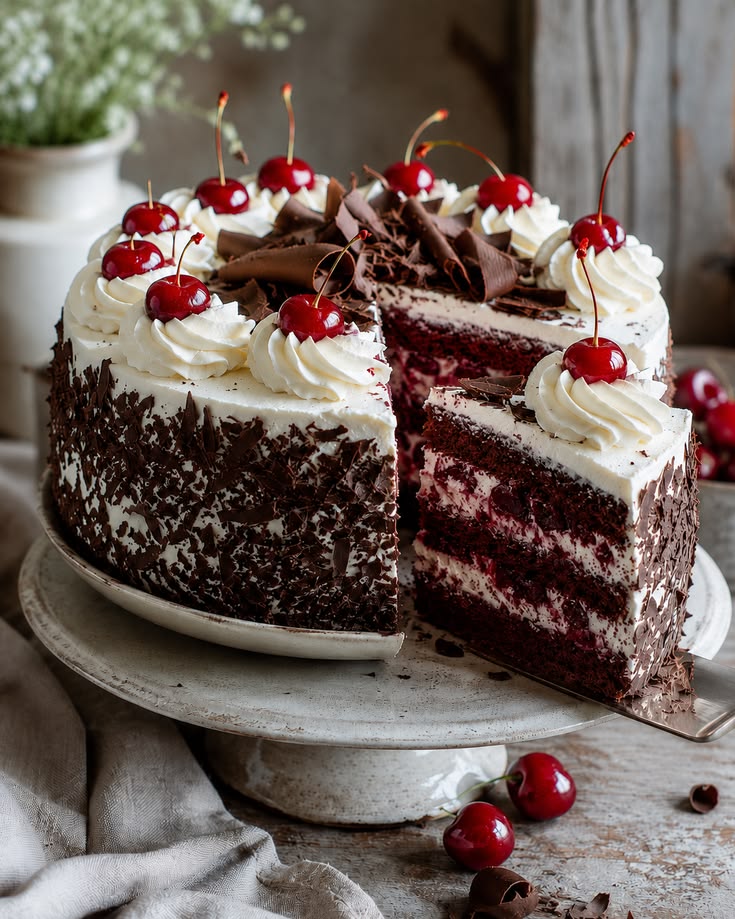 GUL BAKES Black Forest Cake with rich chocolate layers and cherry topping

