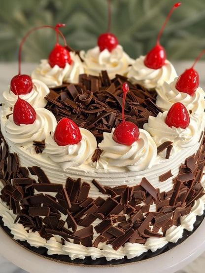 Black Forest Cake with chocolate sponge, whipped cream and cherries from GUL BAKES