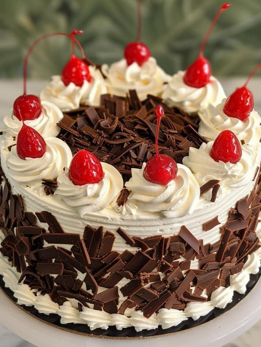 Black Forest Cake with chocolate sponge, whipped cream and cherries from GUL BAKES