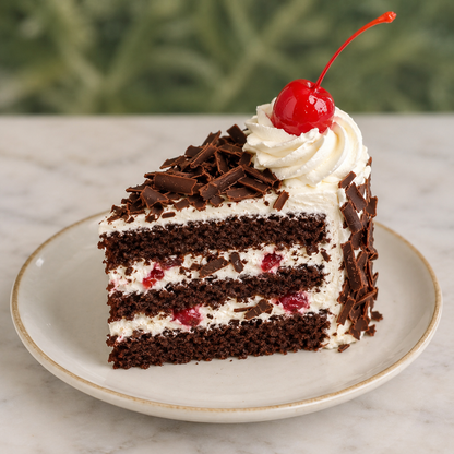 A slice of black cake on a white plate with whipped cream, chocolate shavings, and a cherry on top, set on a marble surface with a blurred green background.
