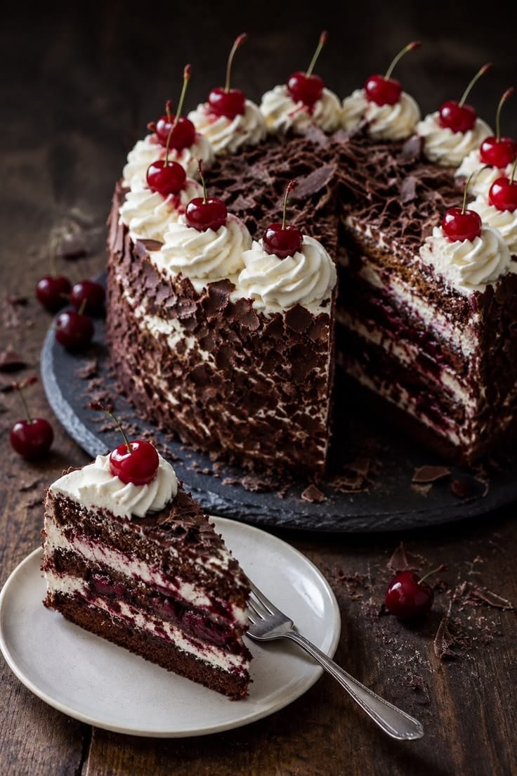Fresh Black Forest Cake topped with cherries and whipped cream