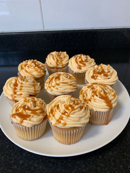 Freshly baked salted caramel cupcake with sweet caramel flavor and a delicate hint of salt.