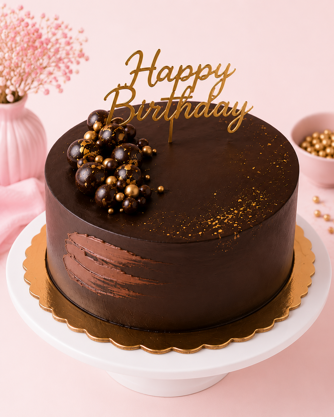 Elegant chocolate birthday cake with gold decorations and Happy Birthday topper by GUL BAKE