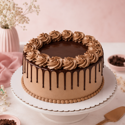 GUL Chocolate Bliss Drip Cake with mocha frosting and chocolate ganache drip on a white cake stand
