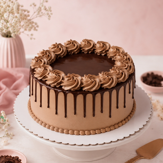 GUL Chocolate Bliss Drip Cake with mocha frosting and chocolate ganache drip on a white cake stand
