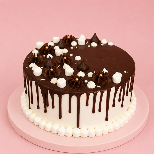 Chocolate drip cake with creamy frosting and glossy chocolate ganache on a pink plate