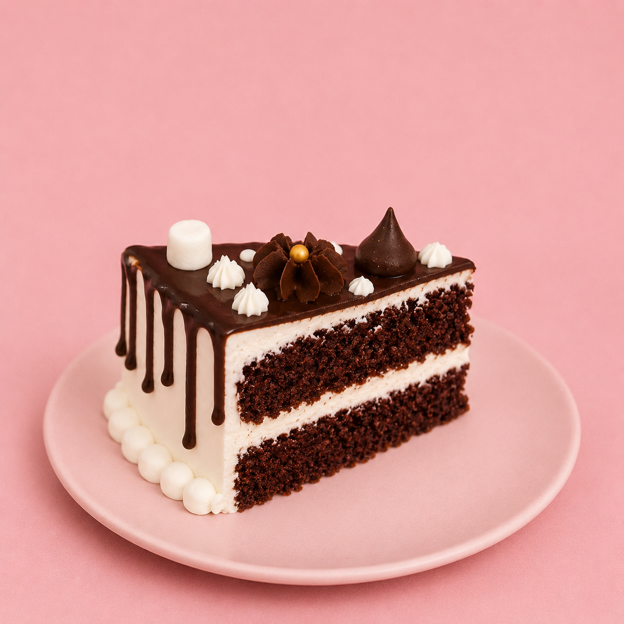 Chocolate cake slice showing rich chocolate layers and creamy frosting
