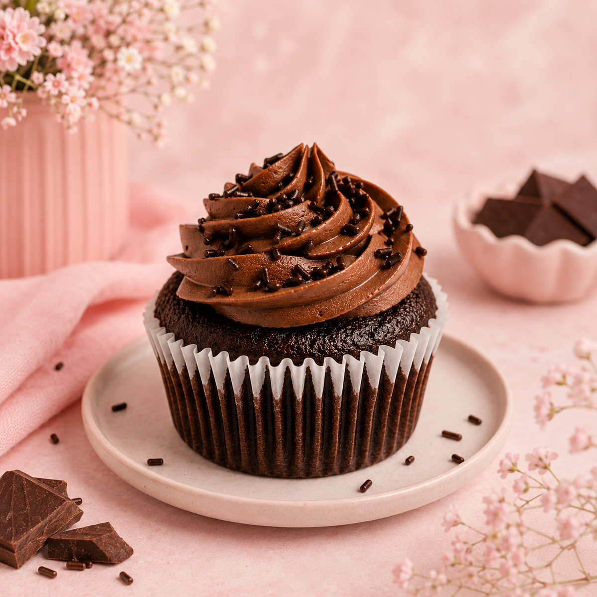 Close-up of a rich chocolate cupcake topped with swirled chocolate frosting and chocolate sprinkles in a white ridged cupcake liner.