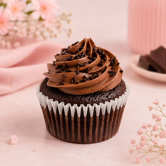 Chocolate cupcakes showing rich chocolate cake, creamy piped frosting and chocolate sprinkles in individual cupcake liners.
