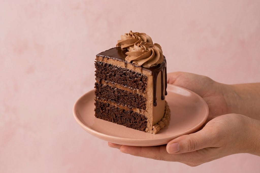 Detailed view of GUL chocolate cake with glossy ganache, chocolate drip and hand-piped mocha frosting