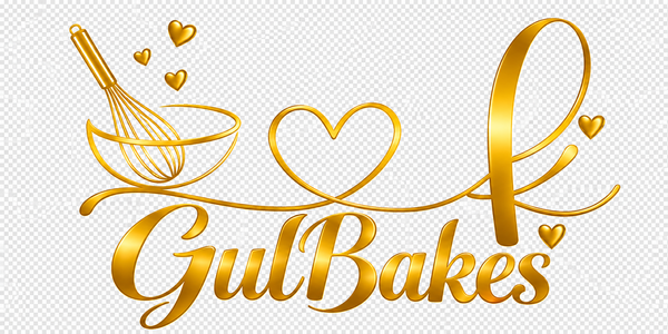 A gold metallic-style logo reading "GulBakes" with a whisk, bowl, and heart motifs on a transparent checkerboard background.