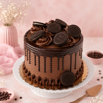 Oreo chocolate drip cake with chocolate frosting and cookie decorations on a pink bakery setup