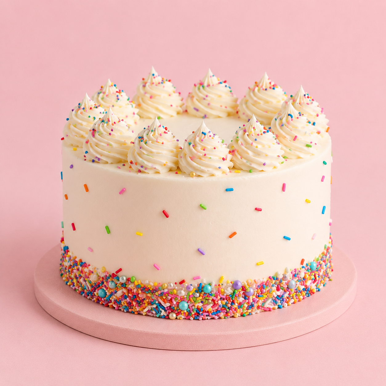 Rainbow sprinkle cream cake with white frosting and colorful sprinkles by GUL BAKE