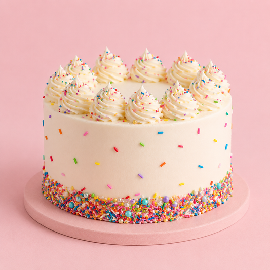Rainbow sprinkle cream cake with white frosting and colorful sprinkles by GUL BAKE