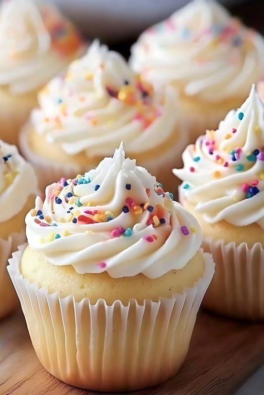 Freshly baked vanilla cupcake topped with smooth cream frosting and colorful sprinkles