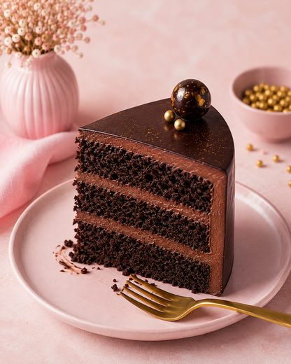 Slice of rich chocolate birthday cake with layered chocolate sponge and smooth chocolate frosting by GUL BAKE