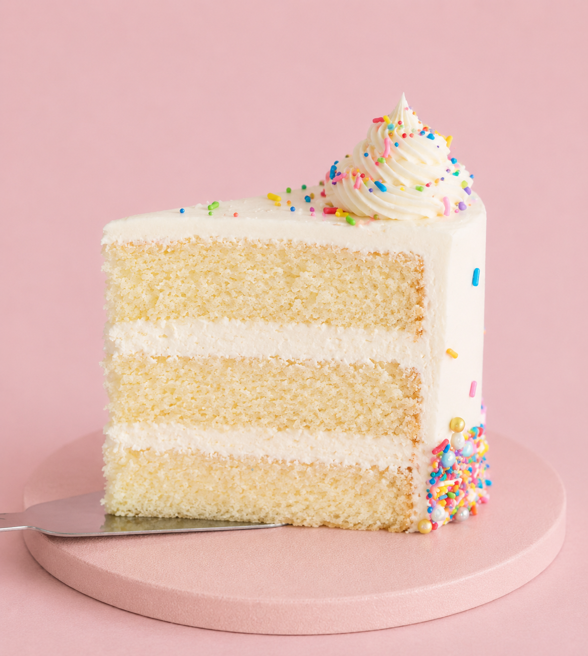 Single slice of white cream sprinkle cake with layered sponge and cream filling
