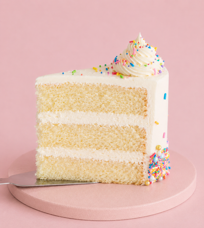 Single slice of white cream sprinkle cake with layered sponge and cream filling